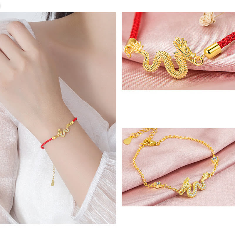 Pulsera de cadena de cuerda roja de la suerte del dragón dorado del Año del Dragón de Plata de Ley 925 con piedras de Buda
