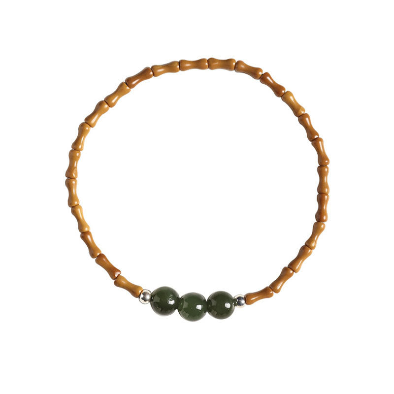 Pulsera de la suerte con cuentas de jade hetiano con patrón de bambú de oliva natural con Buddha Stones