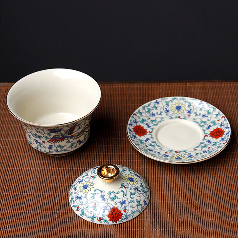 Buddha Stones Retro, flor de ciruelo, pino, bambú, Phoenix, Kirin, cerámica, Gaiwan Sancai, taza de té de Kung Fu y platillo con tapa