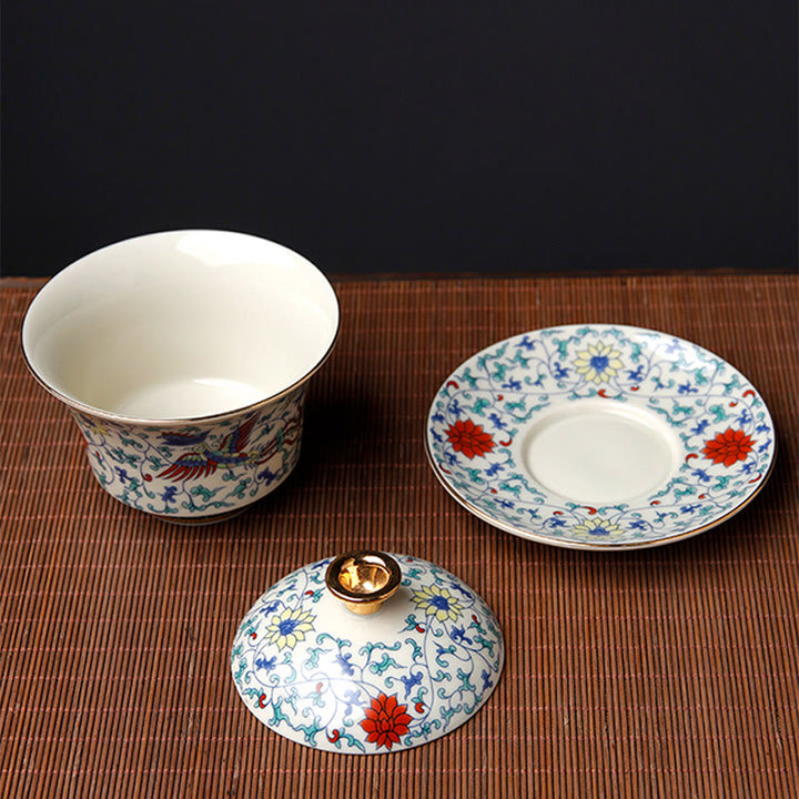 Buddha Stones Retro, flor de ciruelo, pino, bambú, Phoenix, Kirin, cerámica, Gaiwan Sancai, taza de té de Kung Fu y platillo con tapa