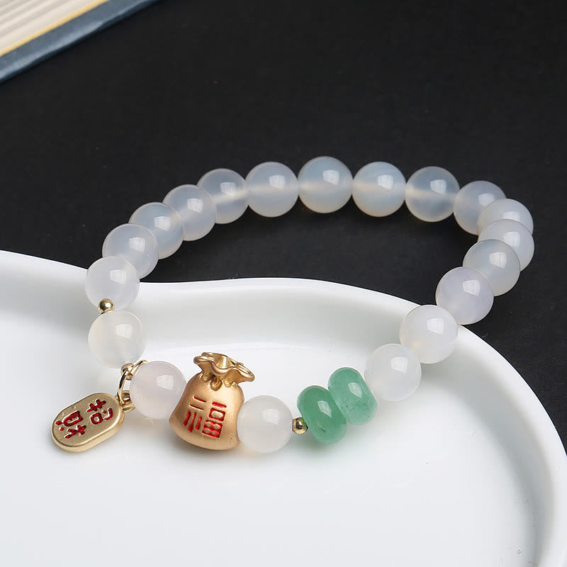 Buddha Stones Ágata blanca natural Ágata roja Bolsa de dinero Personaje Fu Pulsera de protección de trébol de cuatro hojas