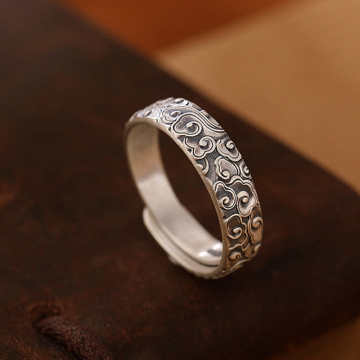 Anillo de iluminación grabado con Buddha Stones de plata de ley 999, flor de loto, flor de ciruelo, nubes auspiciosas - Nubes auspiciosas - image 7