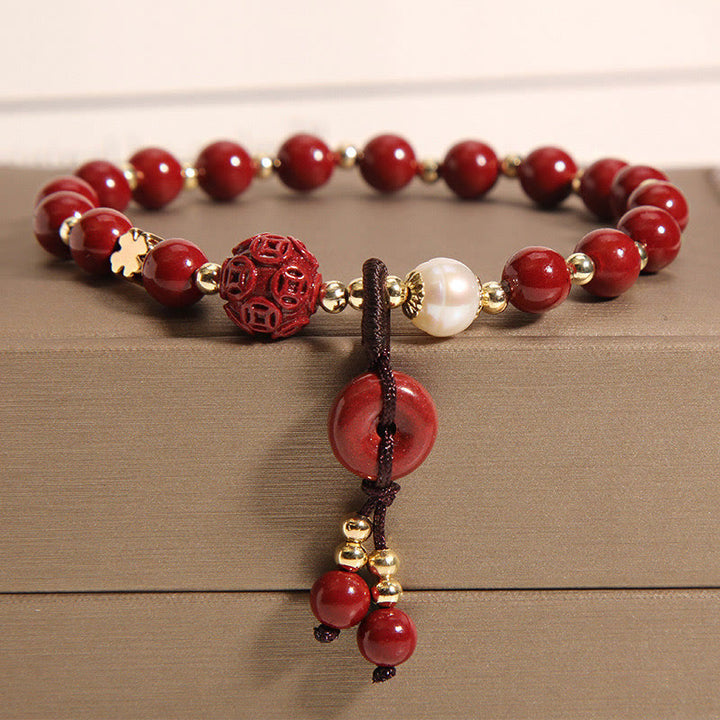Pulsera de bendición con dije de moneda de cobre con hebilla de paz de cinabrio Natural con Buddha Stones