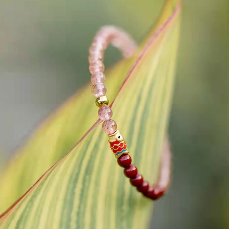 Pulsera curativa de peces Koi de la suerte, cinabrio, cuarzo fresa Natural, Buddha Stones
