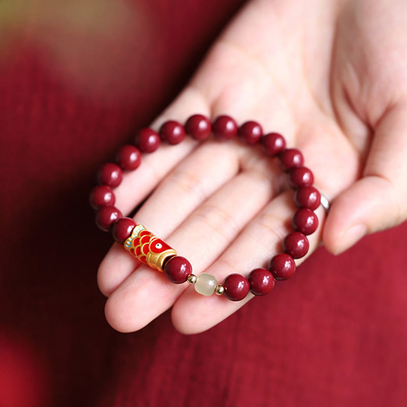 Pulsera de bendición con cuentas de jade hetiano, pez Koi de la suerte, cinabrio Natural , Buddha Stones