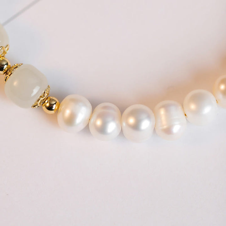 Pulsera de cadena de cuentas de sinceridad de jade blanco de jade cian hetiano con perlas naturales chapadas en oro de 14 quilates