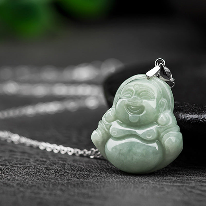 Collar con colgante de cadena de acero y titanio con Buddha Stones sonriente y bendición de jade - image 5