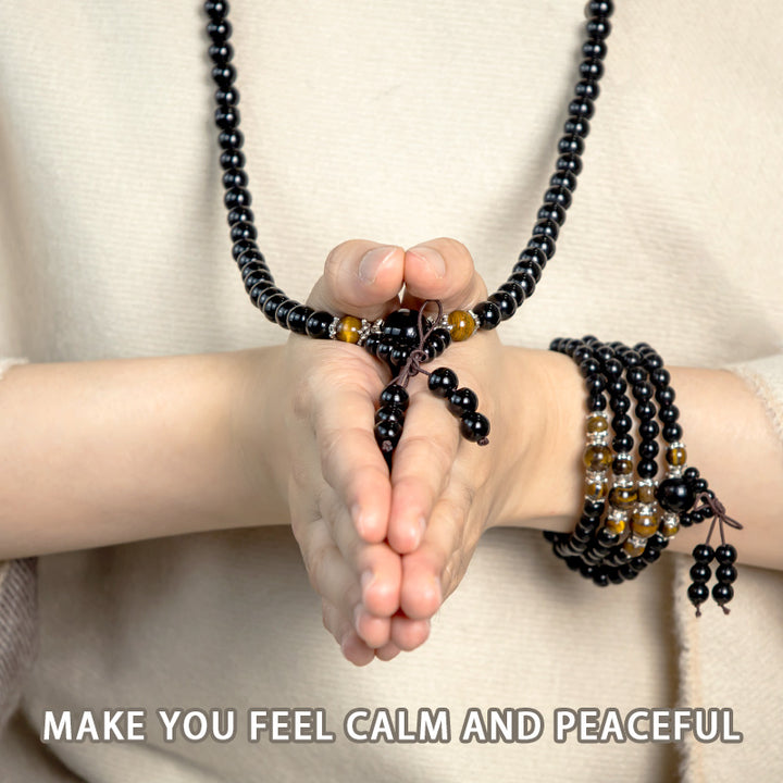 Pulsera Mala de ojo de tigre de obsidiana negra natural con 108 Buddha Stones