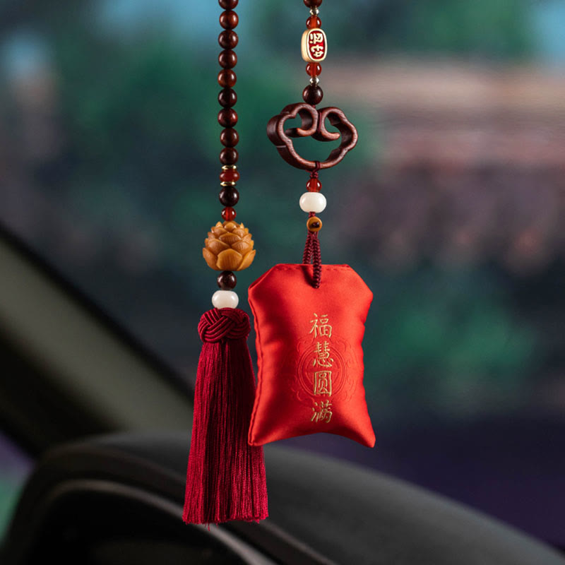 Buddha Stones tibetanas, hoja pequeña, sándalo rojo, loto, cinabrio, bolsita de protección, borla, decoración colgante para coche