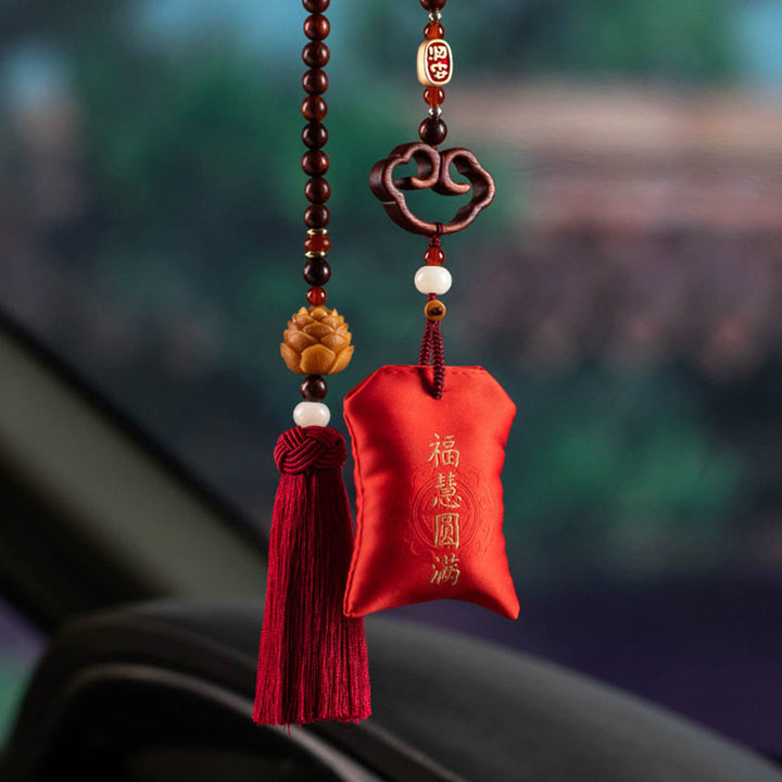 Buddha Stones tibetanas, hoja pequeña, sándalo rojo, loto, cinabrio, bolsita de protección, borla, decoración colgante para coche