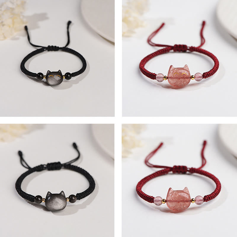 Buddha Stones hechas a mano, plata Natural brillante, obsidiana, cuarzo fresa, pulsera trenzada de protección de gato lindo - image 14