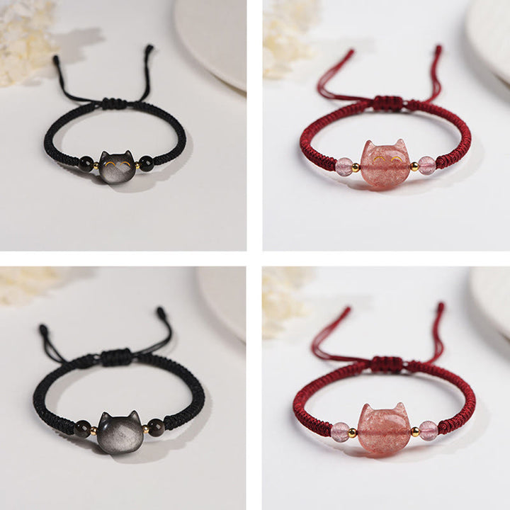 Buddha Stones hechas a mano, plata Natural brillante, obsidiana, cuarzo fresa, pulsera trenzada de protección de gato lindo - image 14