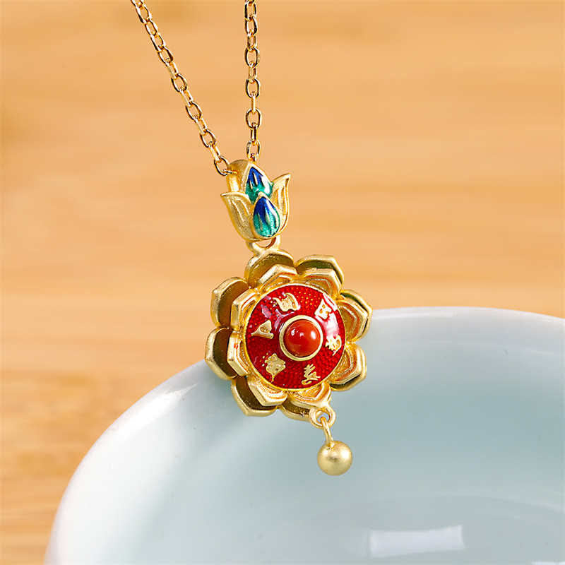 Colgante de plata de ley 925 con rueda de oración de loto del Tíbet y ágata roja - Collar - image 0