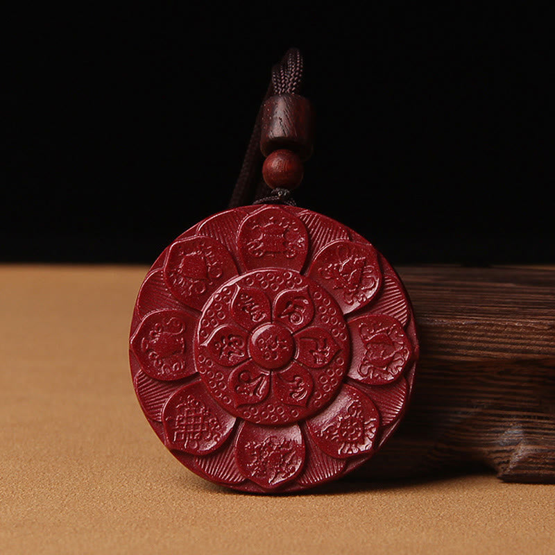 Buddha Stones Natural cinabrio Lotus Om Mani Padme Hum bendición collar cadena colgante