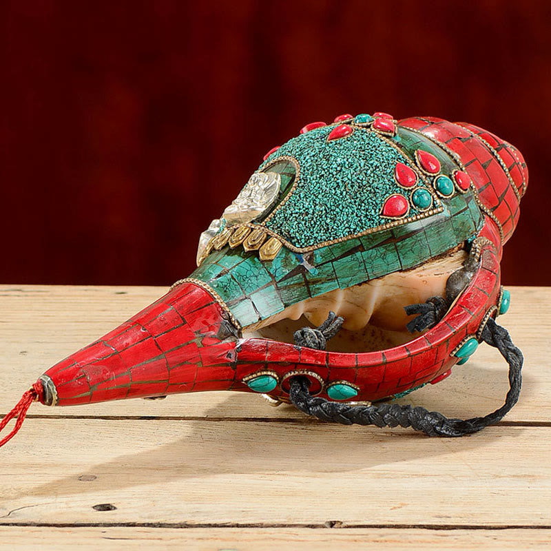 Tibetano hecho a mano Shankha Om Mani Padme Hum Buda Avalokitesvara turquesa Concha decoración positiva - image 3