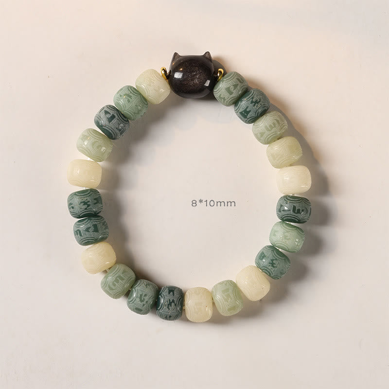 Pulsera de armonía grabada con Buddha Stones de Bodhi, brillo plateado, obsidiana, cabeza de gato, Om Mani Padme Hum - image 11