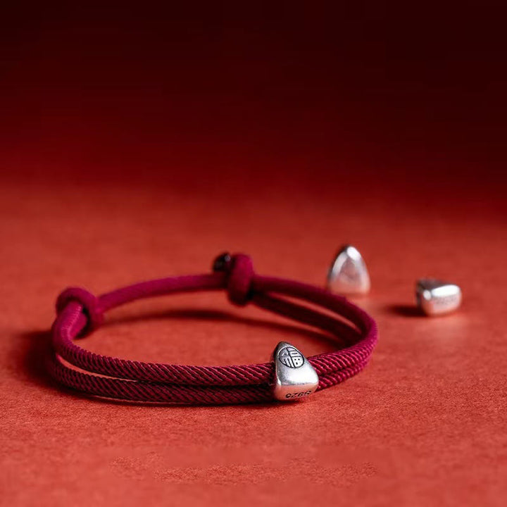 Pulsera trenzada hecha a mano con bendición de personaje Fu de plata de ley 925 con Buddha Stones - Rojo oscuro - image 0
