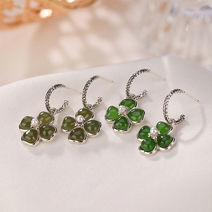 Pendientes de plata de ley 925 con Buddha Stones , jade cian natural, trébol de cuatro hojas, suerte y éxito