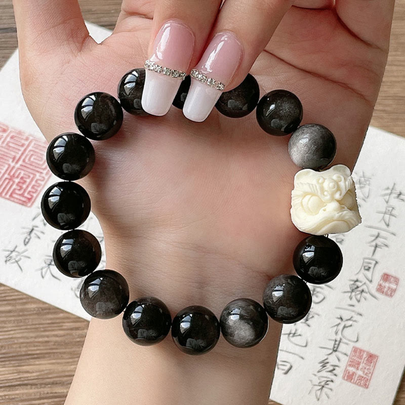 Pulsera de protección con Buddha Stones, obsidiana con brillo plateado, semilla de Bodhi, marfil, fruta, león danzante