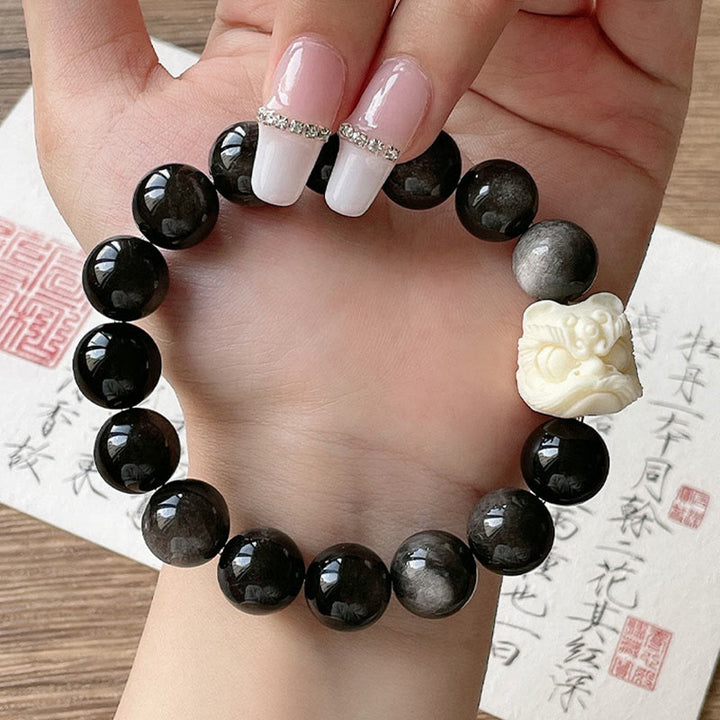 Pulsera de protección con Buddha Stones, obsidiana con brillo plateado, semilla de Bodhi, marfil, fruta, león danzante
