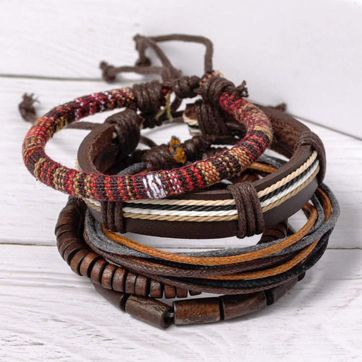 Pulsera de cuero con cuentas de madera y cordones de cáñamo envueltos con Buddha Stones