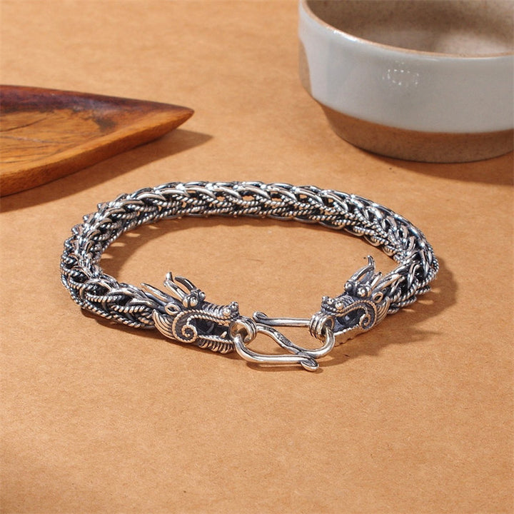 Brazalete de pulsera de fuerza de éxito de dragón de plata de ley 925 con Buddha Stones