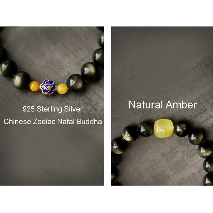 Pulsera de protección de la riqueza, Plata de Ley 925 con Buddha Stones , zodíaco chino, Buda natal, brillo de oro Natural, obsidiana, ámbar - image 19