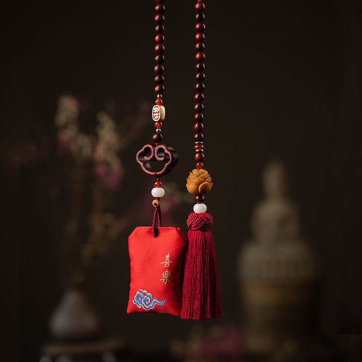 Buddha Stones tibetanas, hoja pequeña, sándalo rojo, loto, cinabrio, bolsita de protección, borla, decoración colgante para coche
