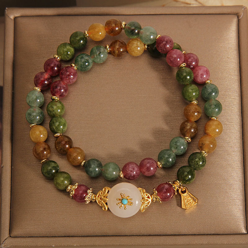 Pulsera de doble envoltura con flor de jade positivo de turmalina multicolor natural de Buddha Stones