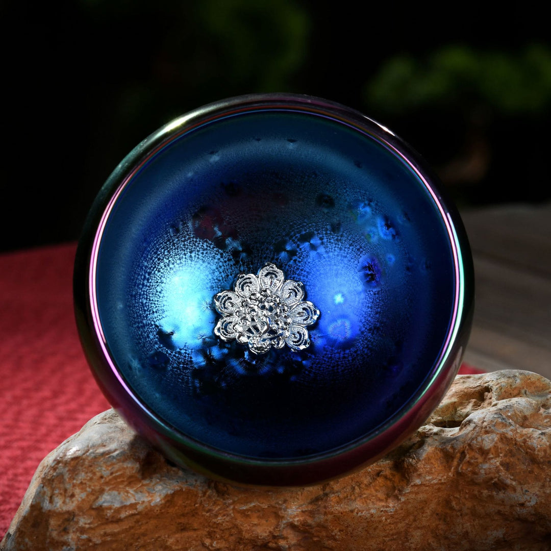 Taza de té de cerámica con incrustaciones de Jianzhan chino, con forma de Buddha Stones , loto, fénix, pez koi, pavo real, cambio de horno, taza de té de kung fu