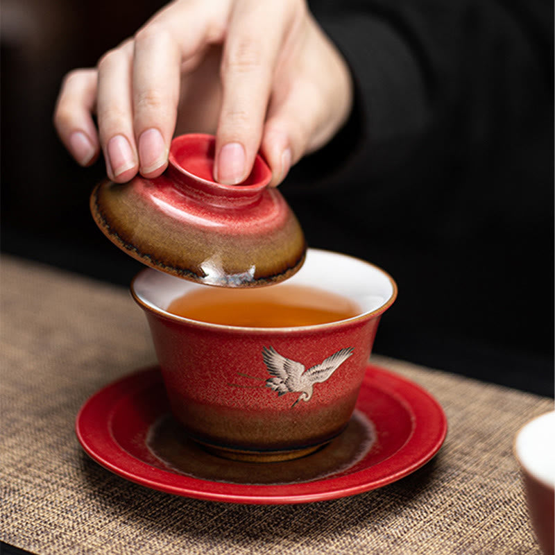 Taza de té y platillo con tapa, Gaiwan Sancai de cerámica con grulla roja, Buddha Stones, Kung Fu
