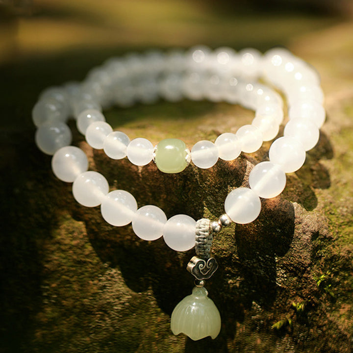 Pulsera de protección de loto de jade de ágata blanca