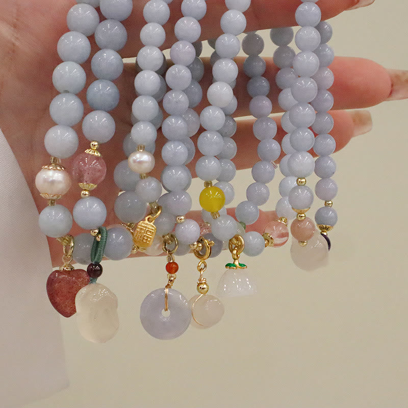 Pulsera con dije de gato, calabaza, conejo, calcedonia, aguamarina natural , Buddha Stones - image 13