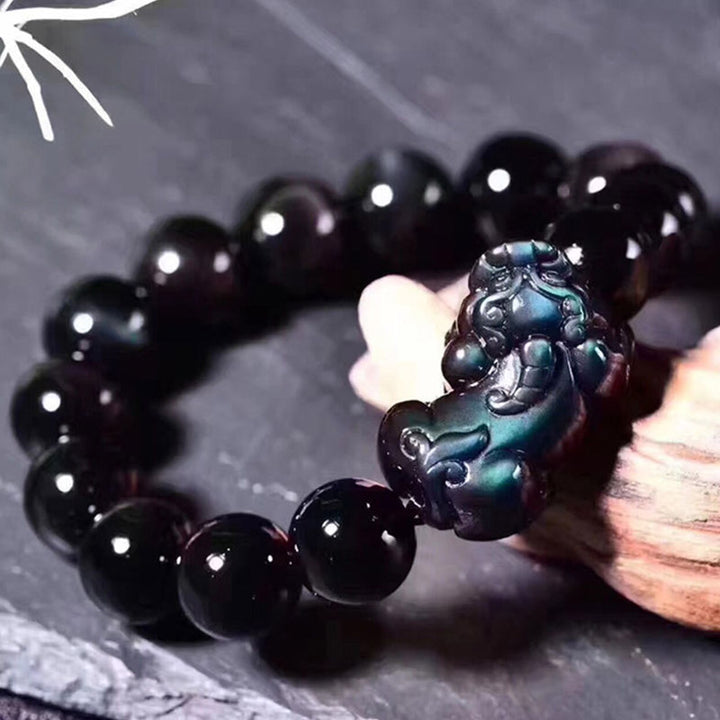 Pulsera de la suerte de obsidiana arcoíris FengShui PiXiu con Buddha Stones