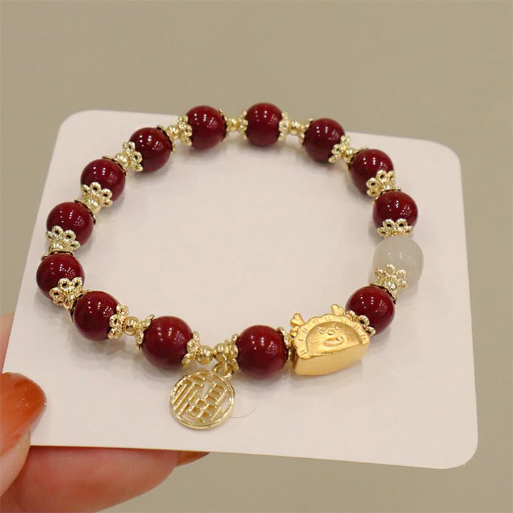 Buddha Stones Año del Dragón Ágata roja Cuarzo fresa Obsidiana negra Jade Granate Perla Cinabrio Bola de masa Dragón Suerte Fu Pulsera con personajes