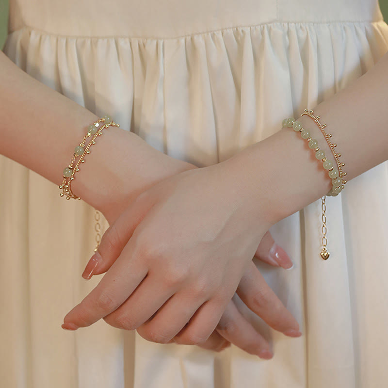Pulsera de prosperidad de la suerte con cuentas de jade hetiano de 2 capas chapada en oro de 14 quilates
