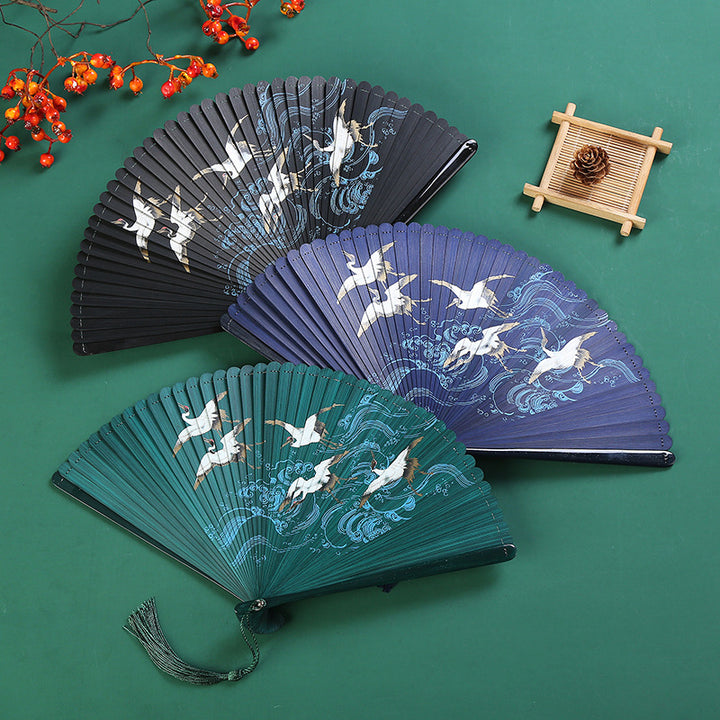 Abanico plegable de bambú de mano con diseño de hoja de arce y grúa de nube Vintage de Buddha Stones