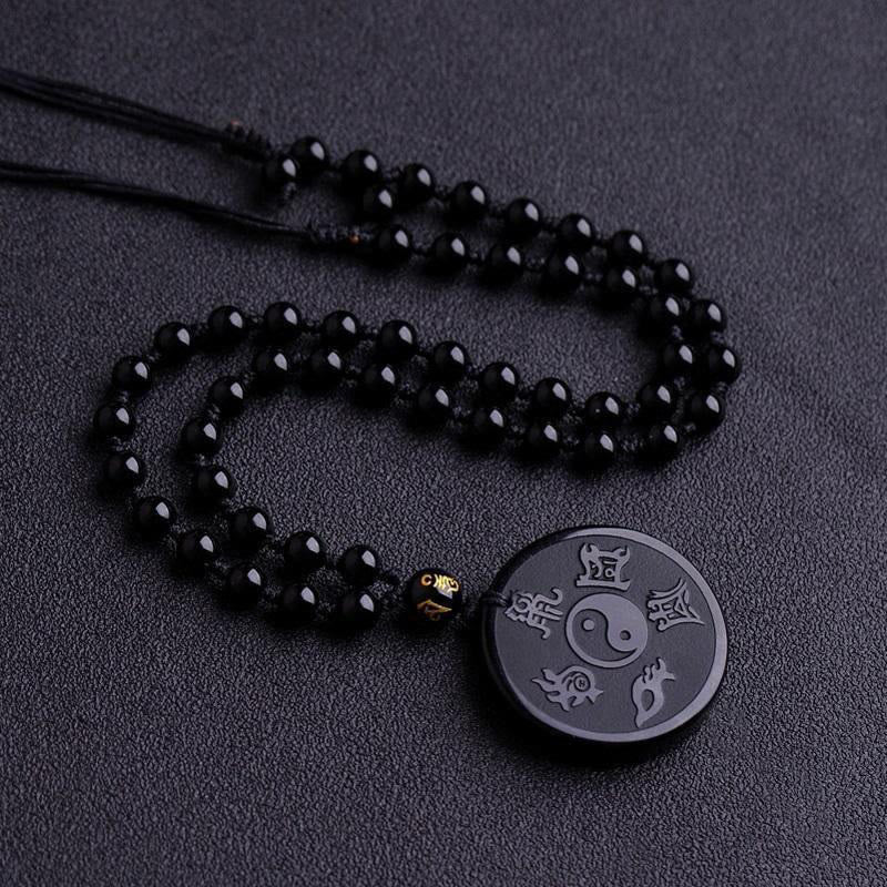 Buddha Stones Negra Natural Taoísmo Cinco Montañas Sagradas Mantra de Nueve Caracteres Tallado Fuerza Yin Yang Collar Colgante Llavero - Cadena de obsidiana negra y cuentas - image 5