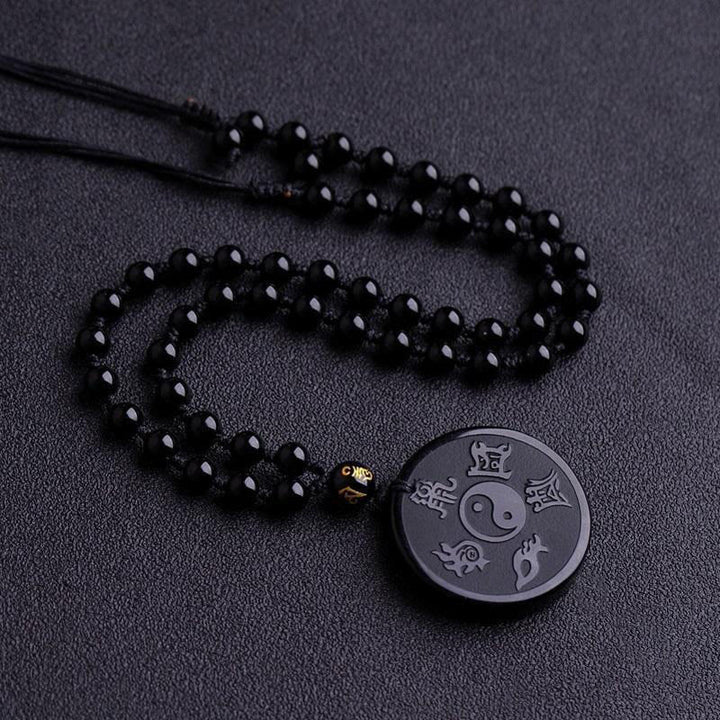 Buddha Stones Negra Natural Taoísmo Cinco Montañas Sagradas Mantra de Nueve Caracteres Tallado Fuerza Yin Yang Collar Colgante Llavero - Cadena de obsidiana negra y cuentas - image 5