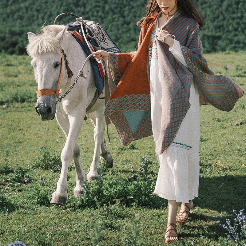 Bufanda tibetana de Buddha Stones con patrón de diamantes a rayas, bufanda suave y cálida para invierno - image 16