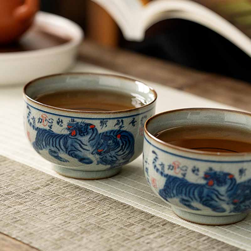 Buddha Stones Jingdezhen pintado a mano lindo tigre taza de té de cerámica Kung Fu taza de té tazón 140ml