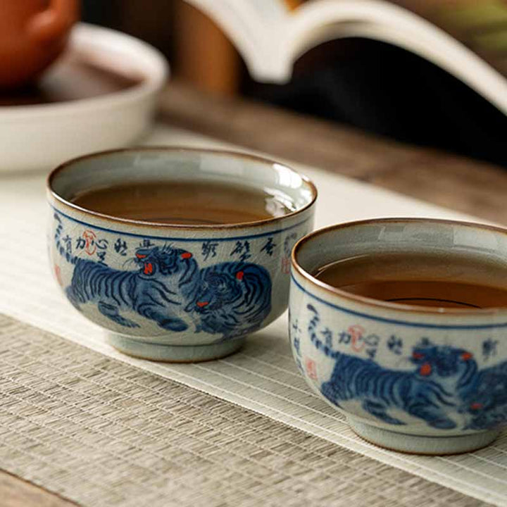 Buddha Stones Jingdezhen pintado a mano lindo tigre taza de té de cerámica Kung Fu taza de té tazón 140ml