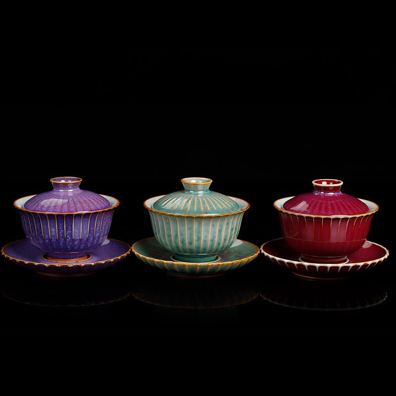 Taza de té y platillo con tapa, cerámica Gaiwan Sancai, cambio de horno de esmalte Retro, Buddha Stones , Kung Fu