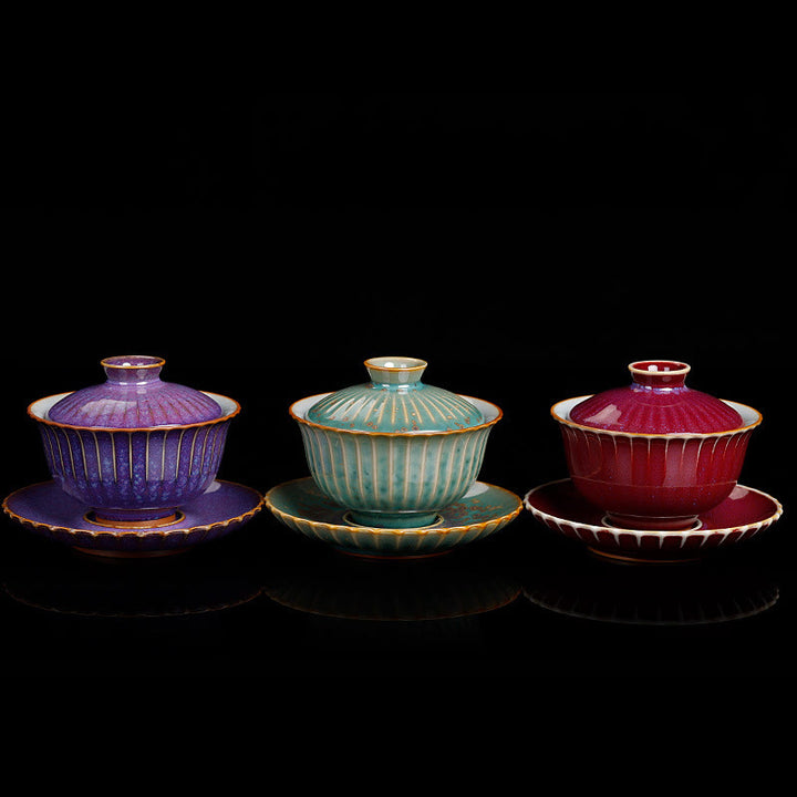 Taza de té y platillo con tapa, cerámica Gaiwan Sancai, cambio de horno de esmalte Retro, Buddha Stones , Kung Fu
