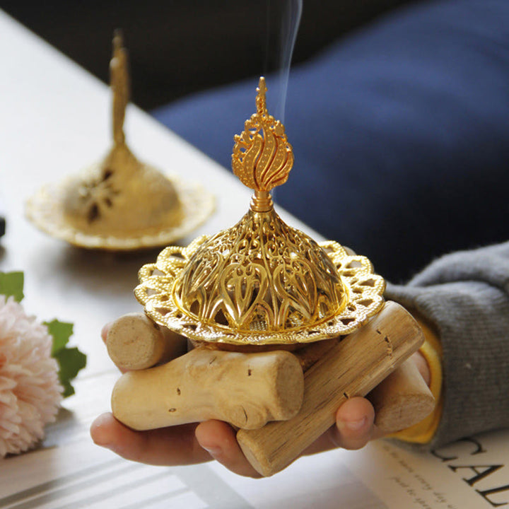Mini quemador de incienso curativo de aleación de oro con decoración del hogar de posavasos de madera