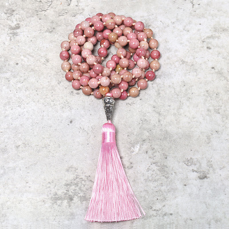 Buddha Stones 108 cuentas de rodonita Mala, pulsera de cuentas de oración para meditación y Yoga