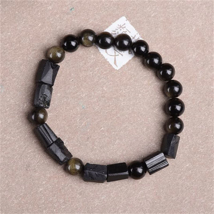 Pulsera de riqueza de turmalina negra obsidiana con brillo dorado de Buddha Stones