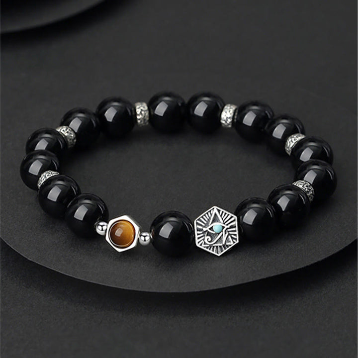 Pulsera de purificación de ojo de tigre de obsidiana negra de plata de ley 925 con Buddha Stones