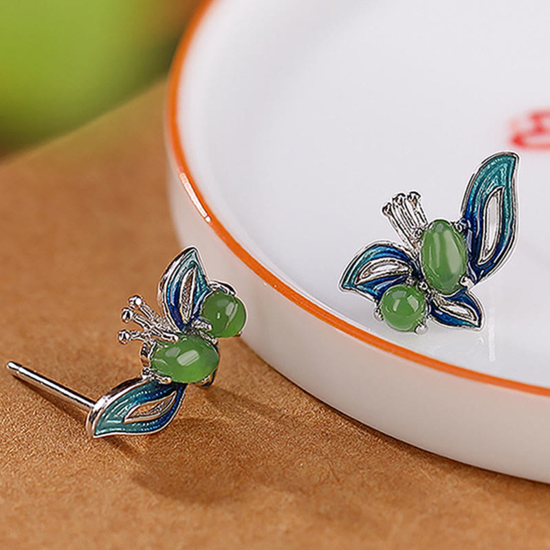 Pendientes curativos de la suerte de mariposa de jade cian natural chapado en plata de ley 925 con Buddha Stones