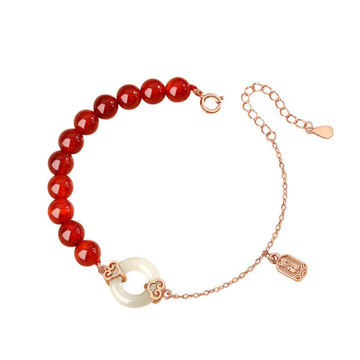 Pulsera de confianza con hebilla de paz de jade blanco de ágata roja natural de plata de ley 925